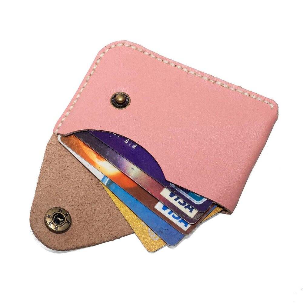 1453 Handmade Pink Leather Card Holder Compact Hand - Stitched Card Case